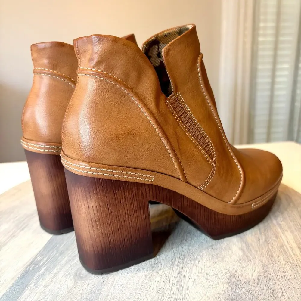 Korks Women's Platform Ankle Boots Brown Leather Chunky Heel Slip On Booties 7.5 - Picture 7 of 12